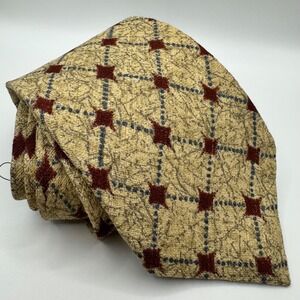 NWT Ermenegildo Zegna Silk Tie Tan Burgundy Diamond Grid Geometric Luxury Italy